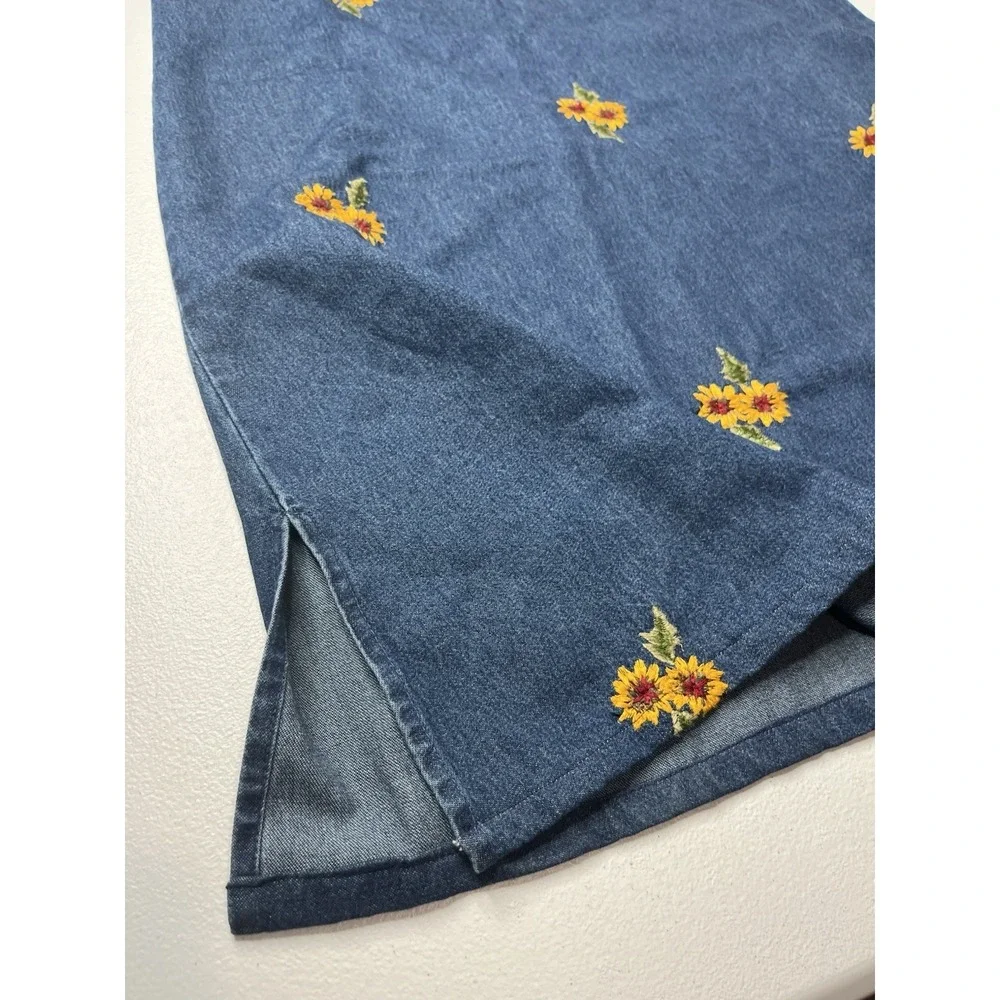 Vtg Floral Embroidered Denim Dress Sunflower Y2K Size Medium Denim Du Jour‎ Jean